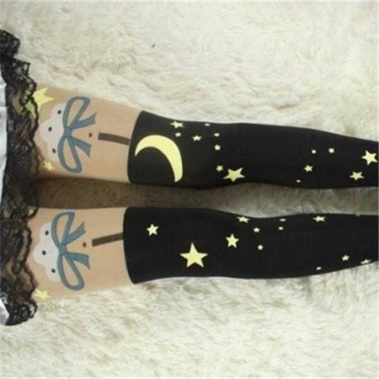 Women Girls Stars Moon Panty-Hose Tattoo Printing Anti-Hook False High Tube Pantyhose