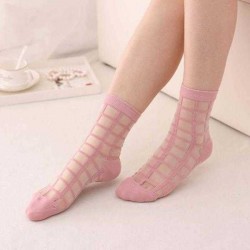 Women Girls Summer Transparent Hipster Socks Plaid Grid Crystal Silk Lace Mesh Ankle Socks