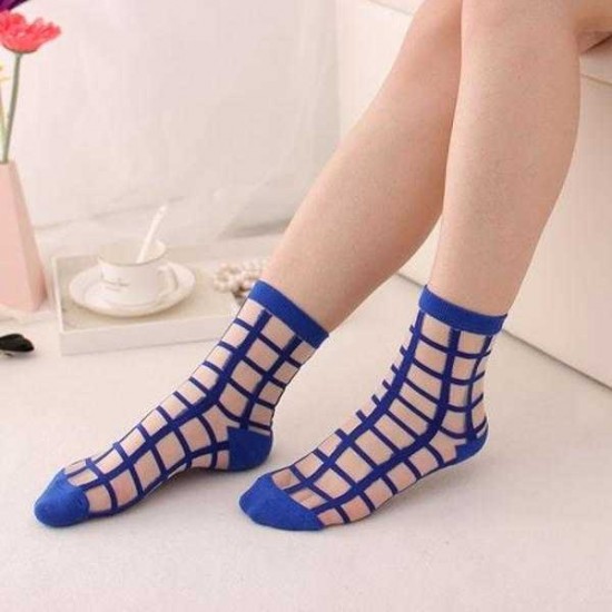 Women Girls Summer Transparent Hipster Socks Plaid Grid Crystal Silk Lace Mesh Ankle Socks