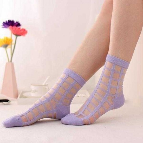 Women Girls Summer Transparent Hipster Socks Plaid Grid Crystal Silk Lace Mesh Ankle Socks