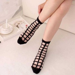 Women Girls Summer Transparent Hipster Socks Plaid Grid Crystal Silk Lace Mesh Ankle Socks