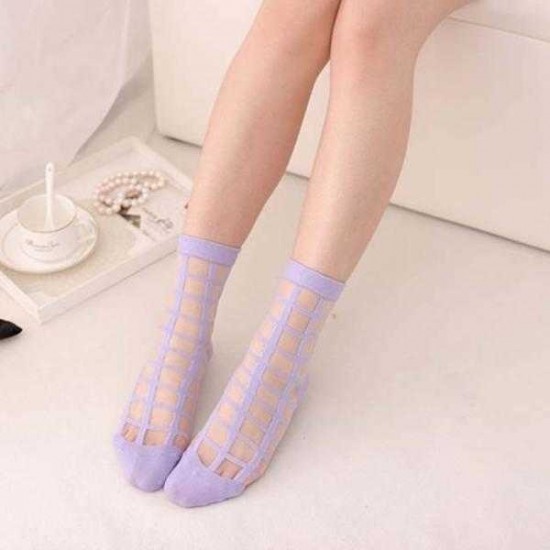 Women Girls Summer Transparent Hipster Socks Plaid Grid Crystal Silk Lace Mesh Ankle Socks