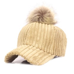 Women Girls Winter Corduroy Thick Strip Pompom Outdoor Sports Baseball Peaked Cap