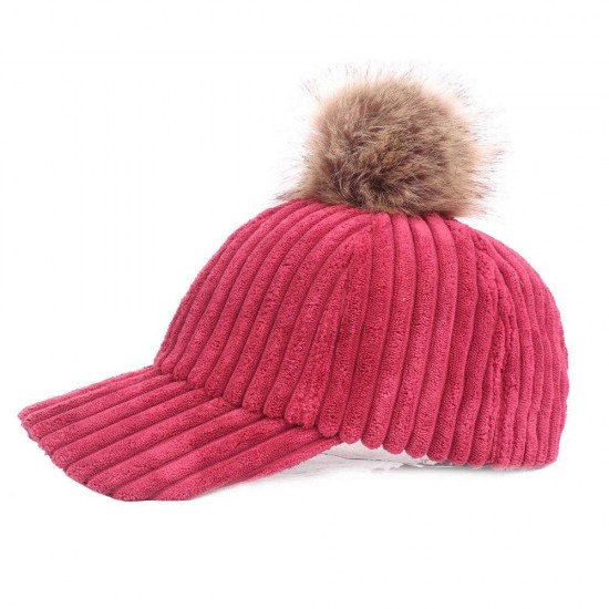 Women Girls Winter Corduroy Thick Strip Pompom Outdoor Sports Baseball Peaked Cap Women Girls Winter Corduroy Thick Strip Pompom Outdoor Sports Baseball Peaked Cap
