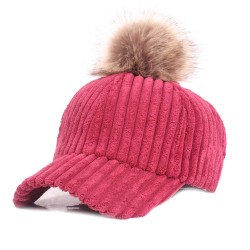 Women Girls Winter Corduroy Thick Strip Pompom Outdoor Sports Baseball Peaked Cap