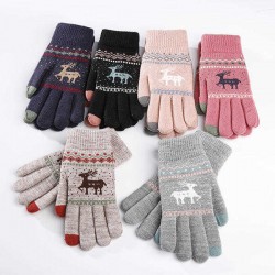 Women Girls Winter Crochet Knitted Warm Gloves  Touch Screen Cute Deer Printing Mittens