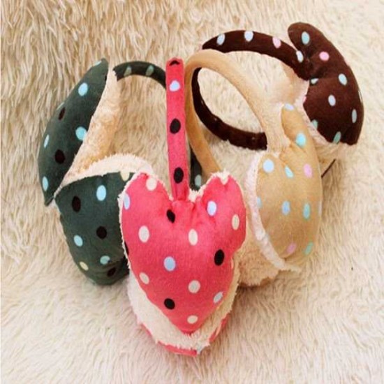 Women Girls Winter Cute Dot Print Hearts Shape Fur Warm Earmuffs