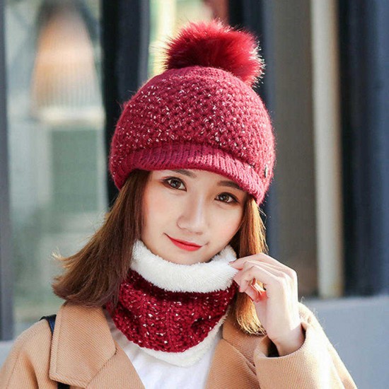 Women Girls Winter Wool Knit Peaked Hat Beret Plus Neck Warmer Casual Outdoor Cycling Cap