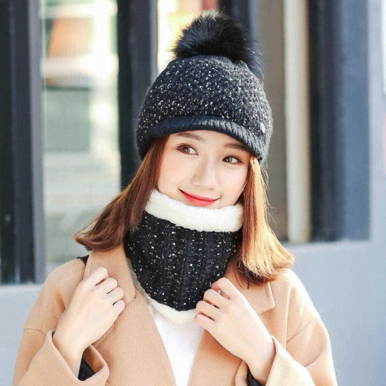 Women Girls Winter Wool Knit Peaked Hat Beret Plus Neck Warmer Casual Outdoor Cycling Cap