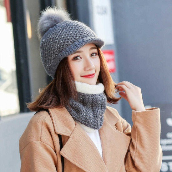 Women Girls Winter Wool Knit Peaked Hat Beret Plus Neck Warmer Casual Outdoor Cycling Cap