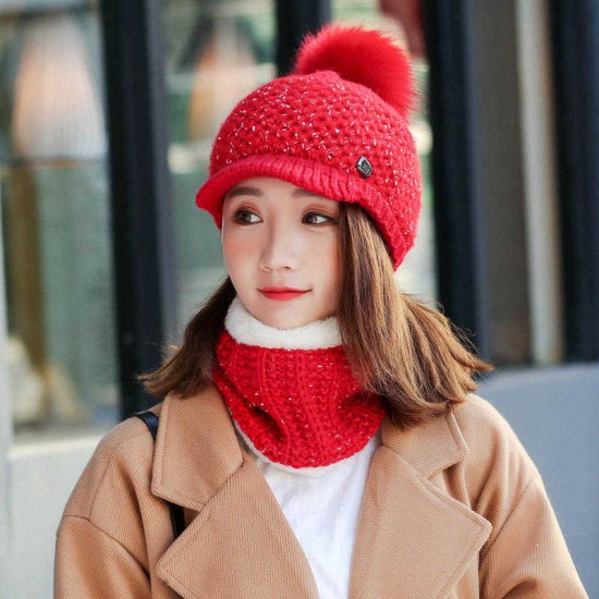 Women Girls Winter Wool Knit Peaked Hat Beret Plus Neck Warmer Casual Outdoor Cycling Cap