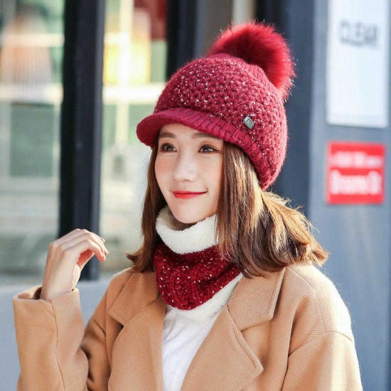 Women Girls Winter Wool Knit Peaked Hat Beret Plus Neck Warmer Casual Outdoor Cycling Cap