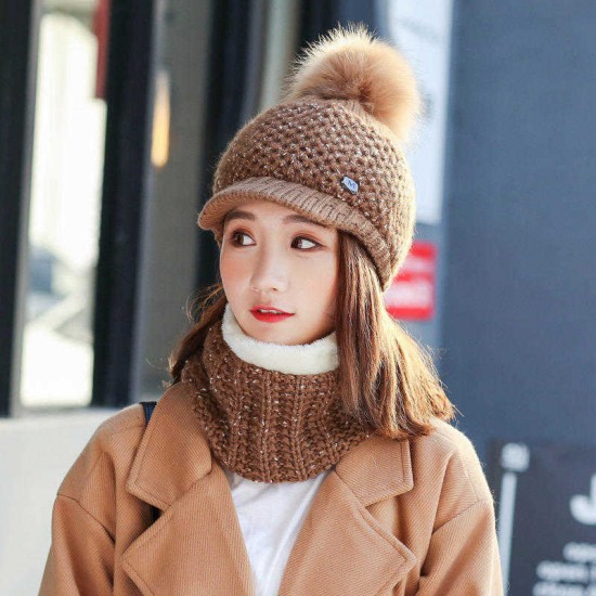 Women Girls Winter Wool Knit Peaked Hat Beret Plus Neck Warmer Casual Outdoor Cycling Cap