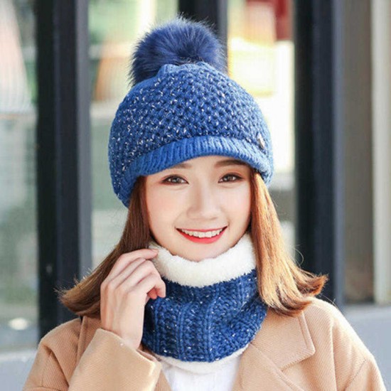 Women Girls Winter Wool Knit Peaked Hat Beret Plus Neck Warmer Casual Outdoor Cycling Cap