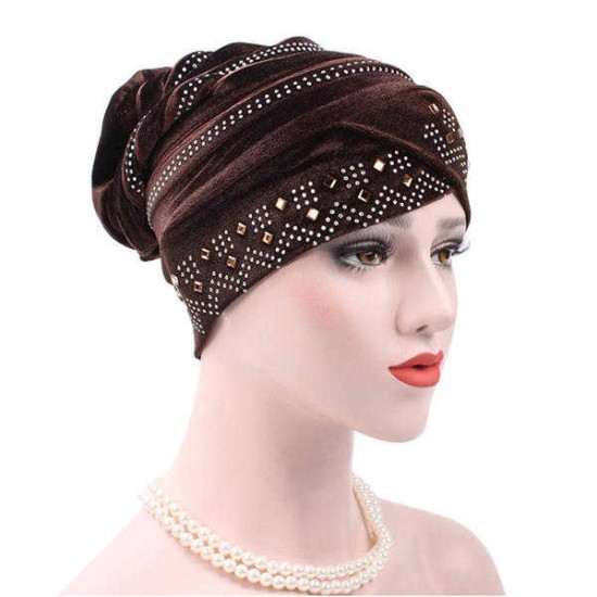 Women Gold Velour Stretch Turban Hat With Diamond Autumn Casual Warm Solid Beanie Cap