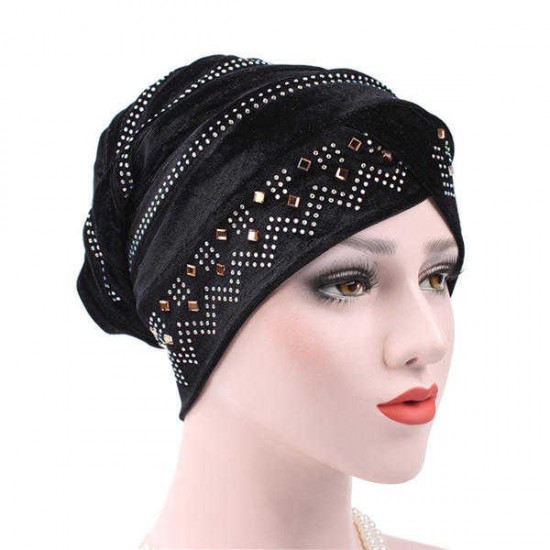 Women Gold Velour Stretch Turban Hat With Diamond Autumn Casual Warm Solid Beanie Cap