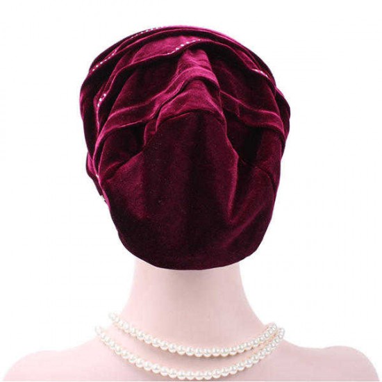 Women Gold Velour Stretch Turban Hat With Diamond Autumn Casual Warm Solid Beanie Cap