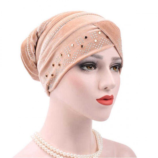 Women Gold Velour Stretch Turban Hat With Diamond Autumn Casual Warm Solid Beanie Cap