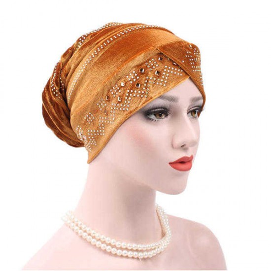 Women Gold Velour Stretch Turban Hat With Diamond Autumn Casual Warm Solid Beanie Cap