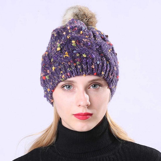 Women Handmade Jacquard Mixed Color Rabbit Hair Ball Knitted Hat Warm Casual Knit Beanie Cap