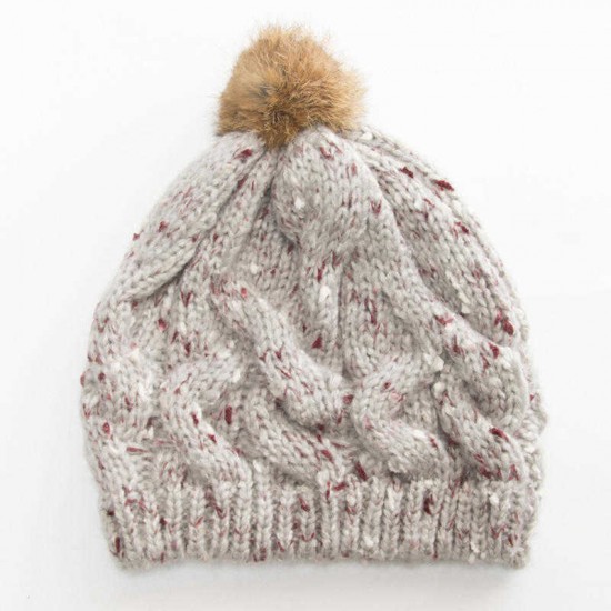 Women Handmade Jacquard Mixed Color Rabbit Hair Ball Knitted Hat Warm Casual Knit Beanie Cap