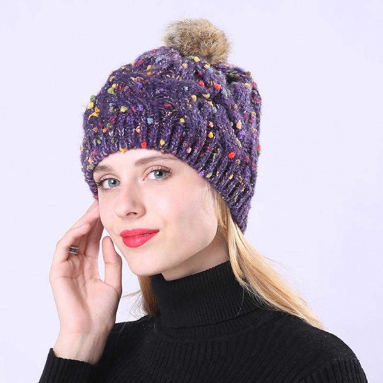 Women Handmade Jacquard Mixed Color Rabbit Hair Ball Knitted Hat Warm Casual Knit Beanie Cap