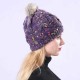 Women Handmade Jacquard Mixed Color Rabbit Hair Ball Knitted Hat Warm Casual Knit Beanie Cap