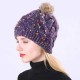 Women Handmade Jacquard Mixed Color Rabbit Hair Ball Knitted Hat Warm Casual Knit Beanie Cap