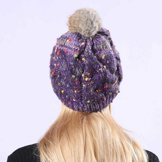 Women Handmade Jacquard Mixed Color Rabbit Hair Ball Knitted Hat Warm Casual Knit Beanie Cap