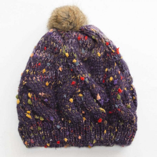 Women Handmade Jacquard Mixed Color Rabbit Hair Ball Knitted Hat Warm Casual Knit Beanie Cap