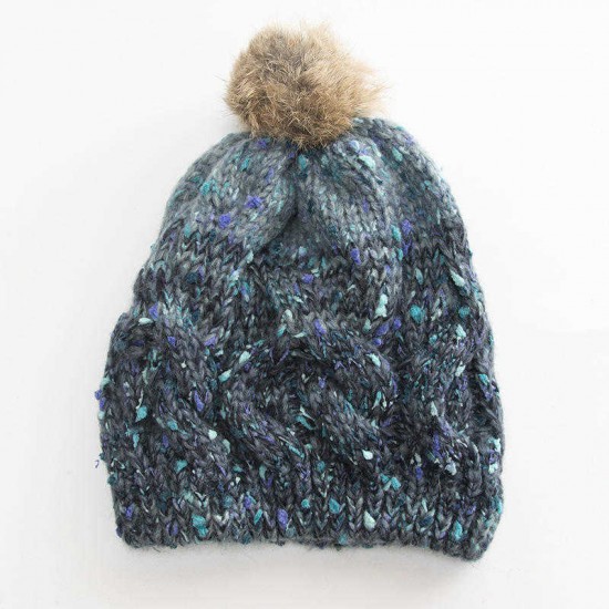 Women Handmade Jacquard Mixed Color Rabbit Hair Ball Knitted Hat Warm Casual Knit Beanie Cap