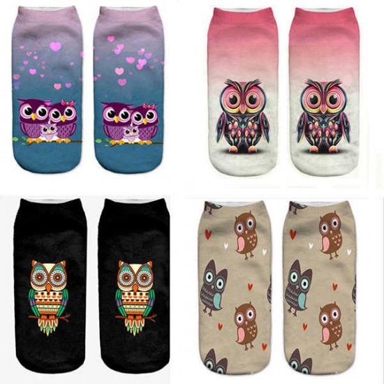 Women Harajuku 3D Owl Animal Print Socks Good Stretch Breathable Low Cut Ankle Socks