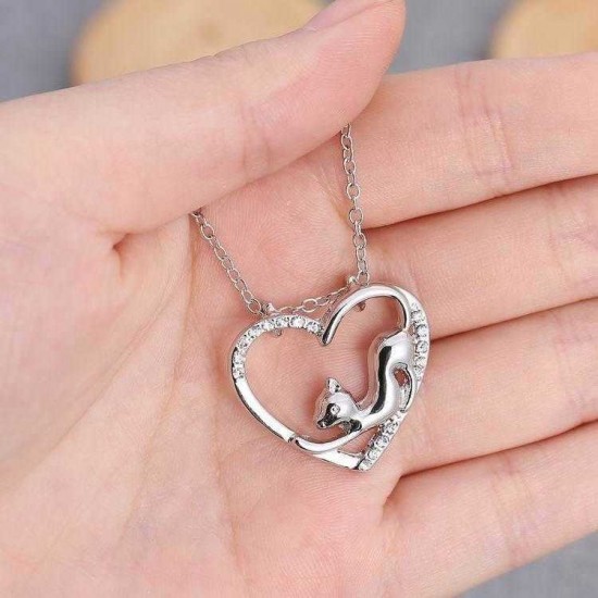 Women Heart Crystal Silver Necklace Lovely Cat Chain Jewelry Gift