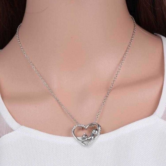 Women Heart Crystal Silver Necklace Lovely Cat Chain Jewelry Gift