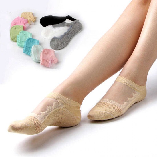 Women Hollow Out Breathable Cotton Lace Low Cut Athletic Non Slip Sock