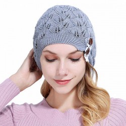 Women Knitted Beanie Hats Casual Hollow Out Lace Button Woolen Warm Bonnet