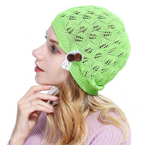 Women Knitted Beanie Hats Casual Hollow Out Lace Button Woolen Warm Bonnet