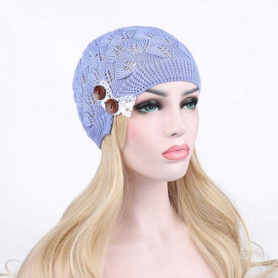 Women Knitted Beanie Hats Casual Hollow Out Lace Button Woolen Warm Bonnet