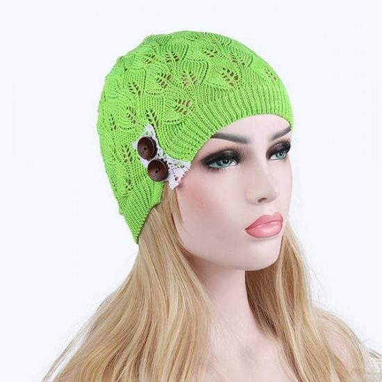 Women Knitted Beanie Hats Casual Hollow Out Lace Button Woolen Warm Bonnet