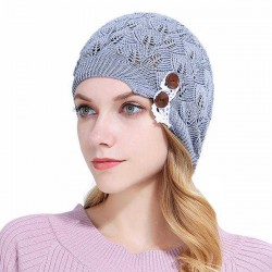 Women Knitted Beanie Hats Casual Hollow Out Lace Button Woolen Warm Bonnet