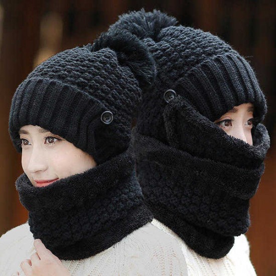 Women Knitted Winter Beanie Hat Collar Scarf Set Thickening Warm Outdoor Skullies Hats With Mask