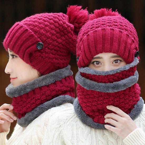 Women Knitted Winter Beanie Hat Collar Scarf Set Thickening Warm Outdoor Skullies Hats With Mask