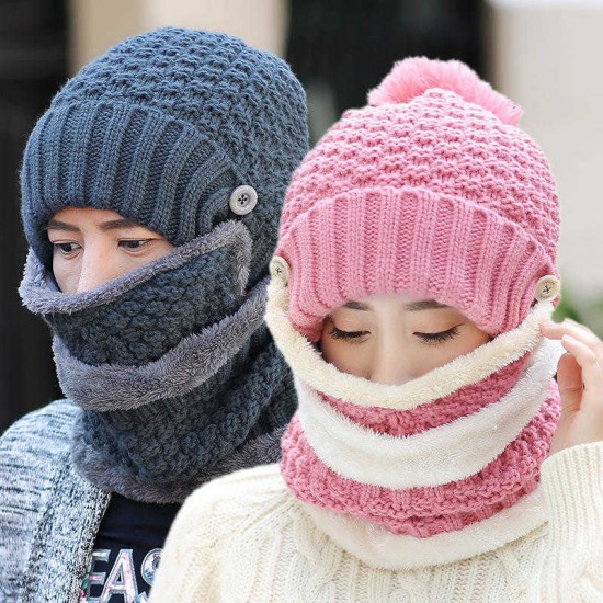 Women Knitted Winter Beanie Hat Collar Scarf Set Thickening Warm Outdoor Skullies Hats With Mask