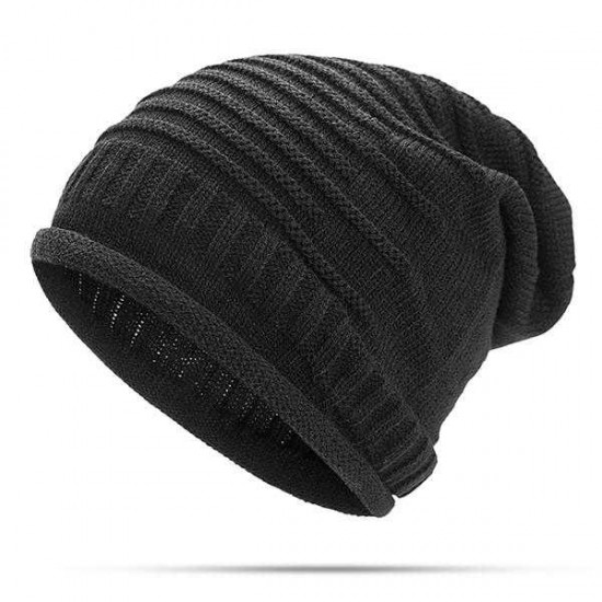 Women Knitted Woolen Stripe Beanie Hat Casual Foldable Warm Head Cap