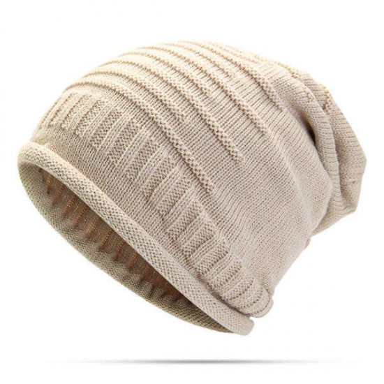 Women Knitted Woolen Stripe Beanie Hat Casual Foldable Warm Head Cap