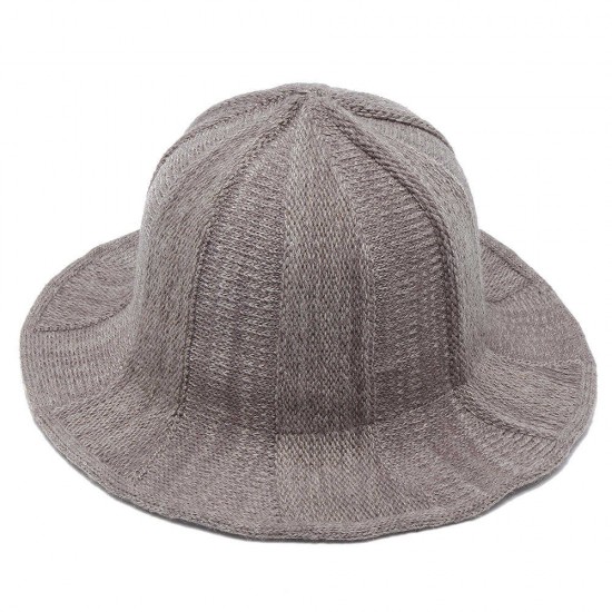 Women Korean Retro Solid Knit Fisherman Hat Winter Warm Wool Wide Brimmed Bucket Cap