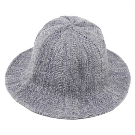 Women Korean Retro Solid Knit Fisherman Hat Winter Warm Wool Wide Brimmed Bucket Cap