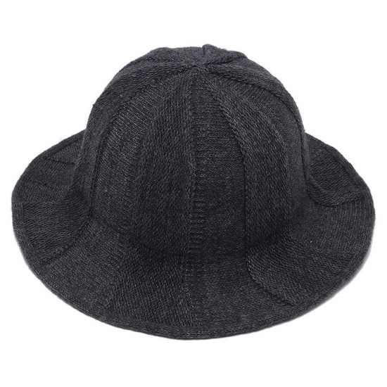 Women Korean Retro Solid Knit Fisherman Hat Winter Warm Wool Wide Brimmed Bucket Cap