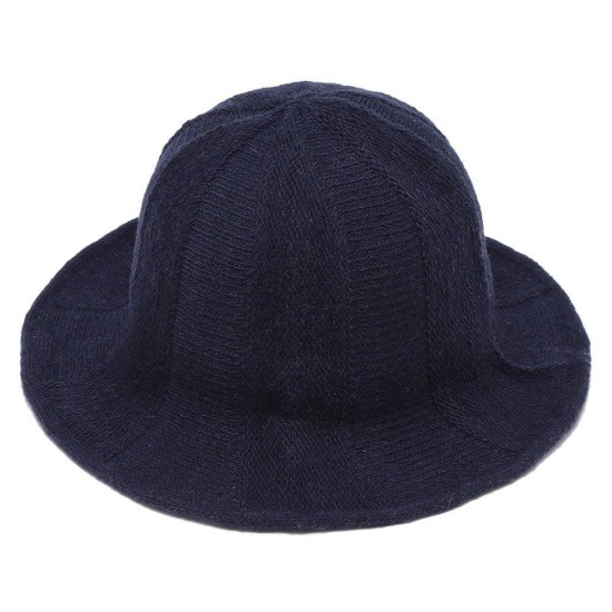 Women Korean Retro Solid Knit Fisherman Hat Winter Warm Wool Wide Brimmed Bucket Cap