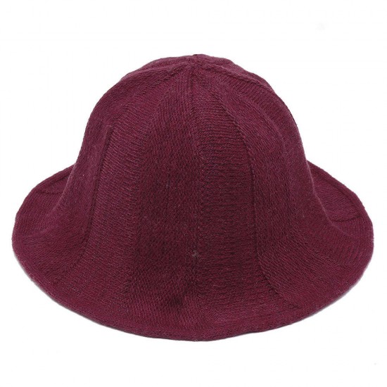 Women Korean Retro Solid Knit Fisherman Hat Winter Warm Wool Wide Brimmed Bucket Cap